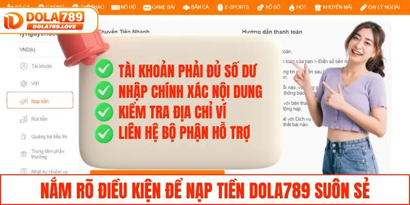 Nạp Tiền DOLA789 - Chi Tiết, An Toàn Và Nhanh Chóng Nắm rõ điều kiện để nạp tiền DOLA789 suôn sẻ