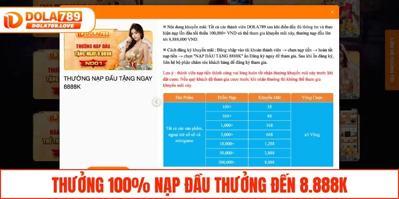 Săn Trọn Khuyến Mãi DOLA789 Với Ưu Đãi Khủng Mỗi Ngày Thưởng 100% nạp đầu thưởng đến 8.888K